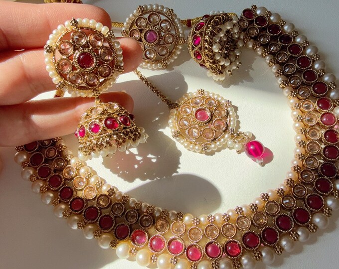 Antique Polki Kundan Ruby necklace with Maang  jhumka Tikka Set/Kundan Choker/bridal necklace/Indian wedding jewelry/Ruby wedding Necklace