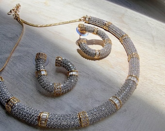 2 tone diamond collar Necklace and Stud Earrings Set | Moissanite CZ Jewelry | Luxury Statement Set