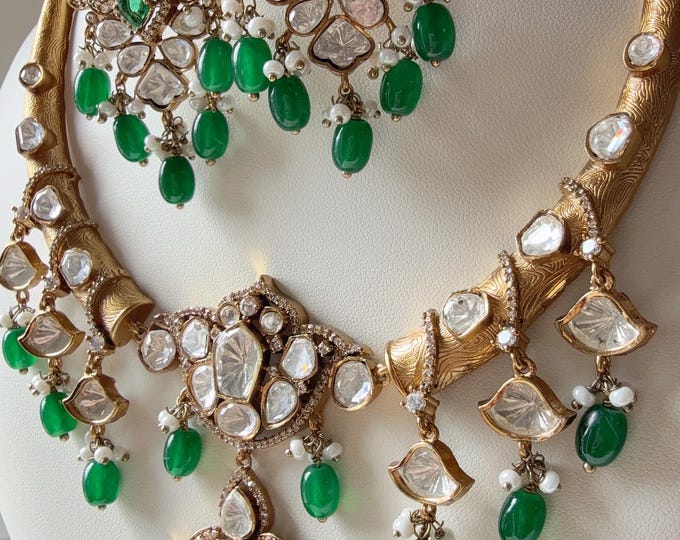 Bridal heavy look Moissanite  hasli necklace set with earrings/ Diamond Emerald green bridal hasli/Indian Wedding jewelry
