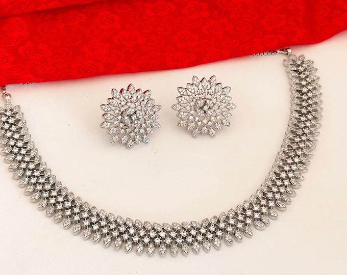 Rhodium silver  diamond necklace choker  /Indian jewelry/ CZ silver Choker/Bridal choker/ Indian Necklace Rhodium Finish Choker Necklace