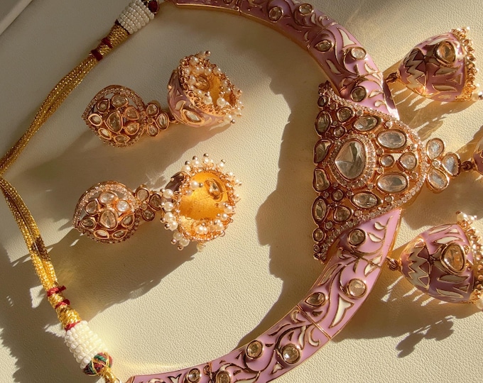 Meenakari Hasli Collar Necklace/Moissanite kundan Purple  hasli Meenakari Haslsi with jhumka earrings/Diamond  Hasli / Rajwadi Purple  Hasli