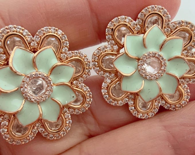 Moissanite  Meenakari diamond Mint Kundan Studs /Indian Jewelry /Statement Stud Earring/Kundan Stud Earrings/Studs/Diamond  Mint Studs