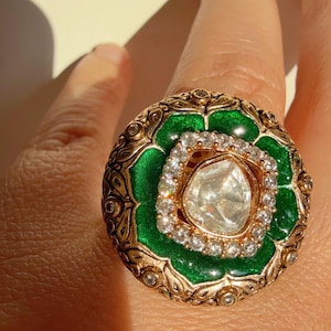 Gold plated Green Moissanite kundan ring /Meenakari Indian Ring/ Indian Jewelry/Indian Wedding jewelry/bridal finger ring