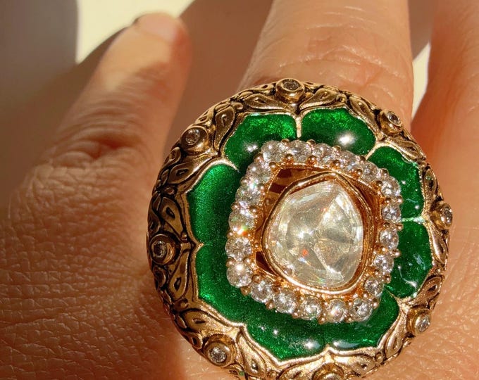 Gold plated Green Moissanite kundan ring /Meenakari Indian Ring/ Indian Jewelry/Indian Wedding jewelry/bridal finger ring