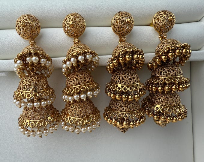 Kemp Gold plated Triple jhumka /gold plated Earrings  / Dangle Drop gold Jhumkas /Indian wedding/Kundan Jhumka/ gold jhumka