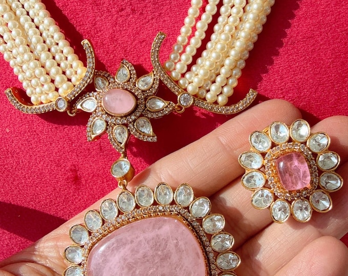Baby pink  Doublet Moissanite Pearl necklace set/ Kundan  choker/ Moissanite  Necklace Set/Baby pink diamond Doublet Pearl Elegance together