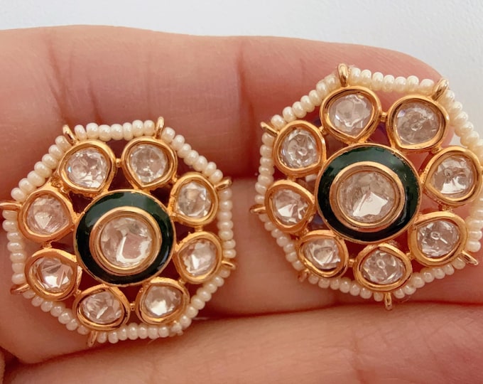 Kundan Stud Diamond Earrings /Indian Studs/Indian Jewelry/Green Studs/Statement Stud Earring/Kundan Stud Earrings