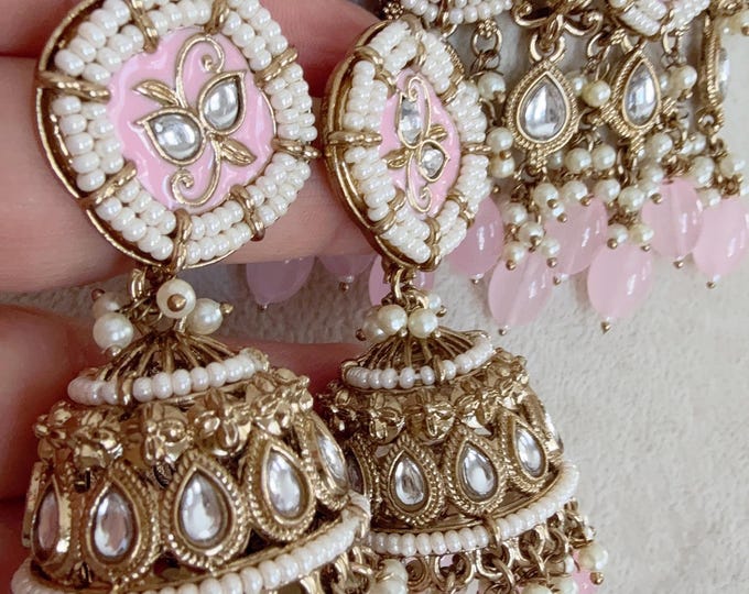 Baby Pink  kundan choker /Pearl Kundan Necklace Set with long jhumka /Kundan baby pink Choker/bridal necklace/Indian wedding jewelry/