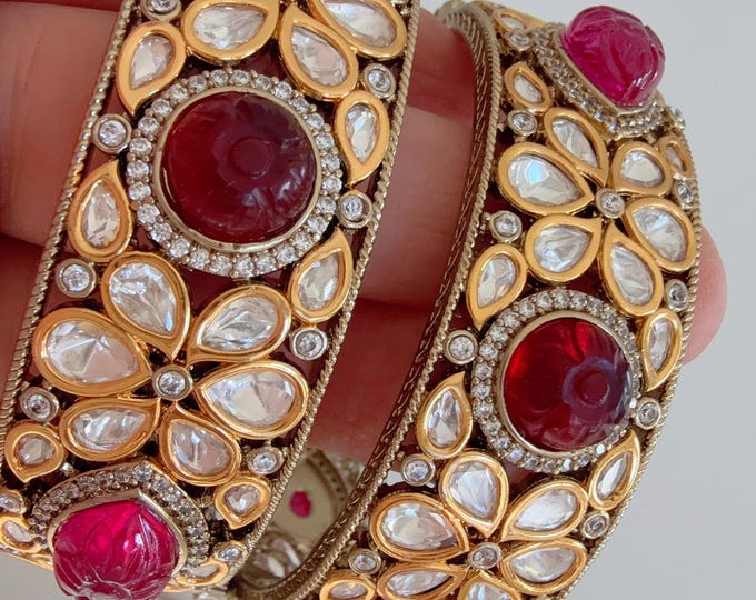 Openable Moissanite kundan bridal Ruby Bangles / Cz stone Moissanite green kada /Ruby Kundan wide  Kada  Moissanite Diamond kada