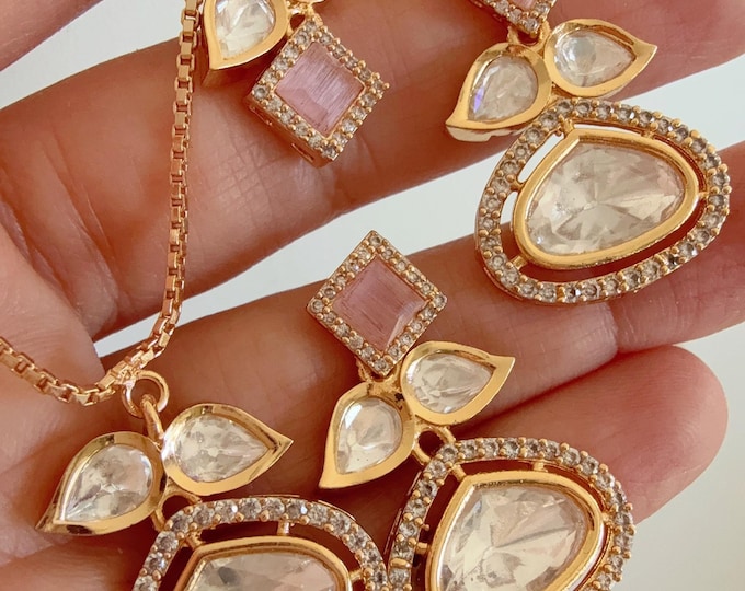 Polki Kundan Baby Pink Jewelry Moissanite  necklace chain  set/ Kundan Necklace / Indian Bridal Jewelry/Indian Wedding jewelry
