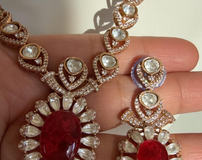 Kundan Jewelry Moissanite Doublet Stone necklace set/Kundan Moissanite Stone bridal  Ruby Necklace / Indian Bridal Jewelry/Ruby diamond