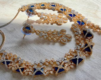 Blue 2 Tone Bridal Diamond Necklace Set | Moissanite CZ Necklace | Indian Wedding Jewelry | Statement Necklace -  Sam