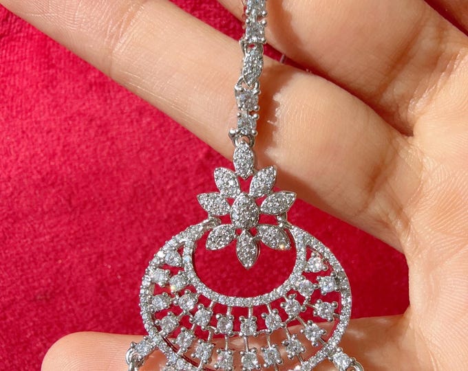 Diamond Rhodium silver baby pink  Maang tikka/ Indian Wedding Jewelry/ Matha patti/ Indian forehead jewelry Diamond Tikka Indian Jewelry