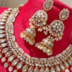 Mint Pink Kundan Necklace Set with long jhumka and Tikka  /Kundan Choker/bridal necklace/Indian wedding jewelry/Mint pink  necklace set