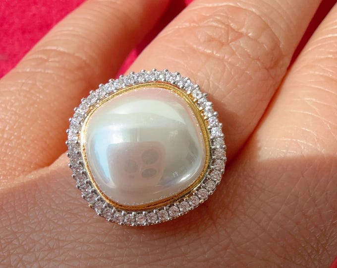 Pearl and Diamond Ring/Adjustable Ring/ Finger Kundan Statement Ring /Indian Wedding jewelry/ Kundan ring