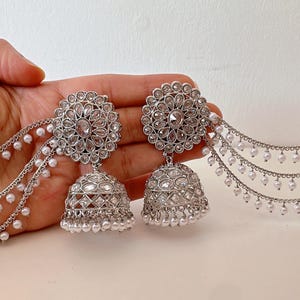 Bahubali Polki Pearl Silver kundan Jhumka Earrings with detachable ear chains/Bahubali Kundan Jhumka With Earchain Sahare /Indian Jewelry
