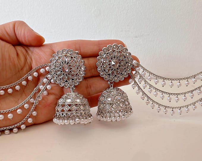 Bahubali Polki Pearl Silver kundan Jhumka Earrings with detachable ear chains/Bahubali Kundan Jhumka With Earchain Sahare /Indian Jewelry