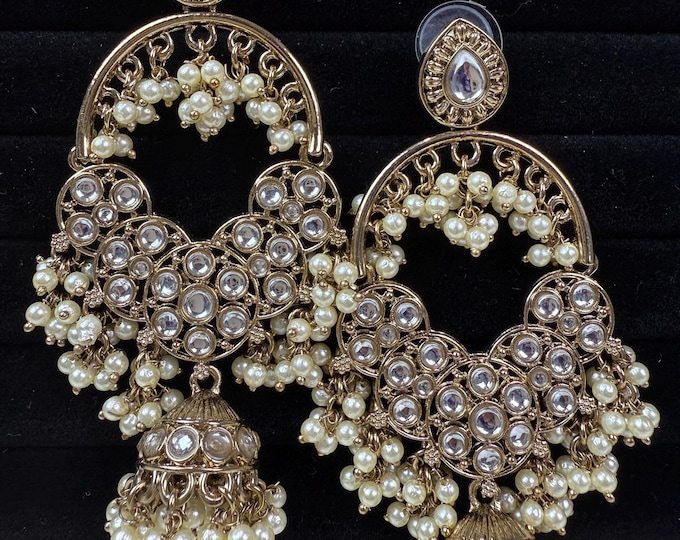 Antique gold   Kundan bali chandbali Earrings/Kundan chandbali /Bridal earrings/Pearl drop bali earrings /Bridesmaid Earrings