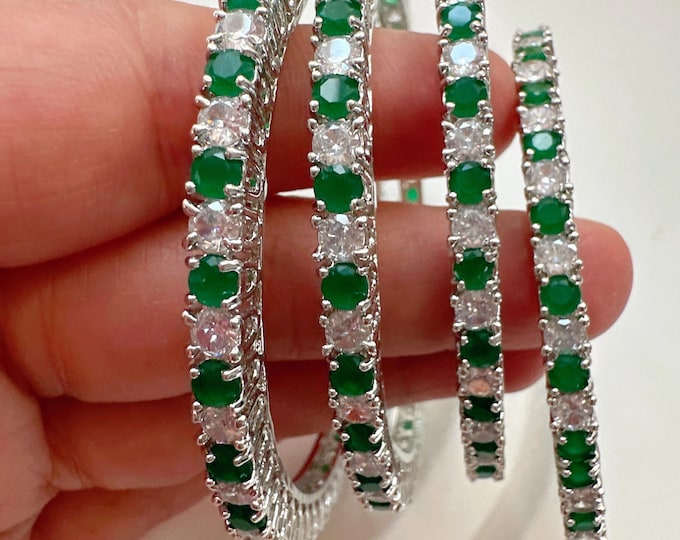 American diamond bangle Set of 4/Cz stone silver emerald bangles set/Green CZ  bangles/Indian Jewelry /bridal jewelry/Green diamond bangles