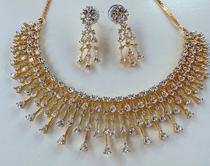 Rain Diamond Necklace  gold  /Indian jewelry/ CZ Choker/Bridal choker/Diamond choker/ Indian Necklace/2 tone diamond choker