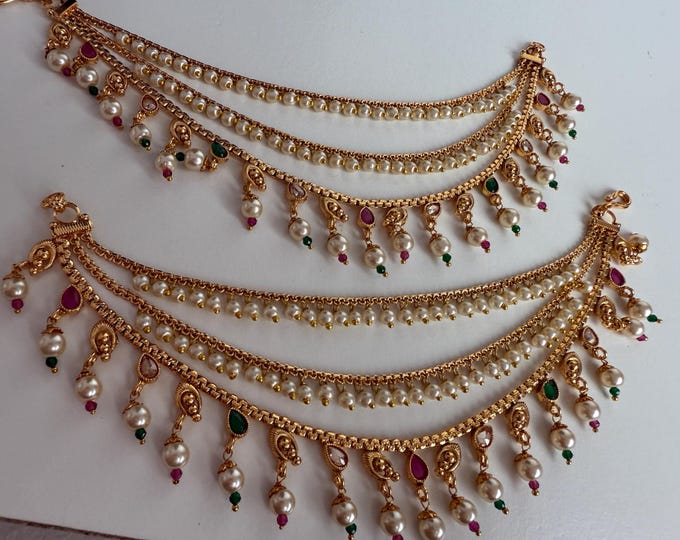 Gold plated Ruby Green  pearl  Ear Chain/Sahare/Earring support chain/Kaan sahara//Pakistani Jewelry/Bahubali Earrings/Indian Jewelry