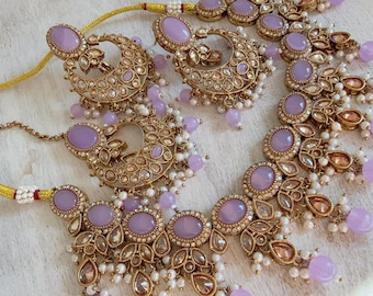 Purple Kundan Polki Necklace Set, Antique Gold Indian Bridal Jewelry Set, Wedding Statement Necklace, Pakistani Bridal Jewelry - Tara