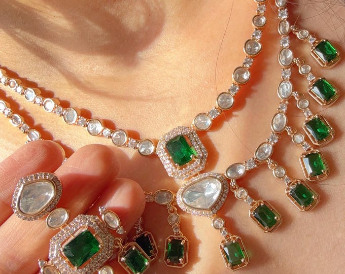 Bridal Moissanite green double layer necklace set/Moissanite choker Necklace / Indian Bridal Jewelry/Indian Wedding bridal  jewelry