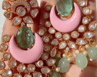 Yami Doublet Stone Moissanite diamond  chandbali diamond  Earrings/Mint Pink Emerald Diamond chandbali  jhumka Earrings/