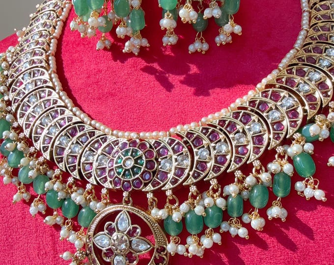 Semi Bridal Ruby green kemp  Necklace Set with long jhumka /bridal necklace/Indian wedding jewelry/Bridal necklace set