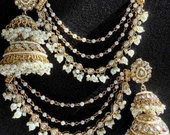 Bahubali Pearl Kundan Jhumka Earrings with Double Chain Sahare | Bridal Kundan Pearl Earrings | Indian Wedding Jewelry