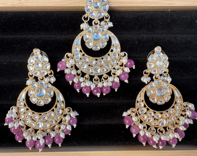 Purple kundan Gold Kundan Tikka w/Earring Set//Indian Bridal Maang Tikka Set/ Indian jewelry//Bridesmaid Gifts/ Kundnan Maang jewelry set