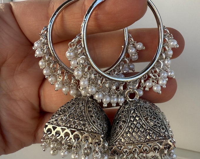 Big Bali silver  hoops Earrings/ Punjabi Bali Hoops /Indian Earrings/ Indian Wedding Sangeet Jewelry / Kundan Jhumka //Bridesmaid Jewelry