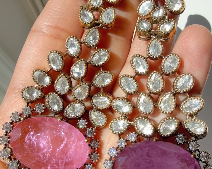 Pink Doublet Stone Moissanite kundan Earrings/Elegant Statement Jewelry/Pink Moissanite Earrings/Bridal Diamond Pink earrings