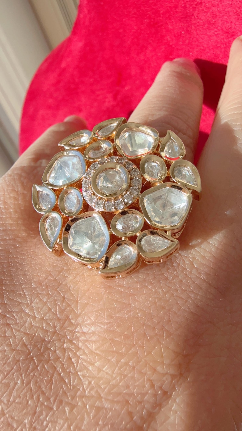 Bridal Kundan Moissanite Ring/Adjustable Ring/Double Finger Kundan Statement Ring /Indian Wedding jewelry/Moissanite Kundan ring image 1