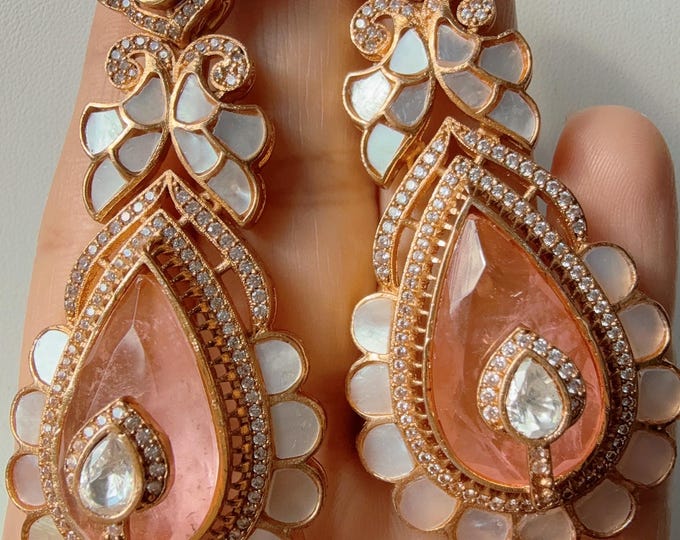 Sabyasachi-Inspired Moissanite Earrings/ Statement Jewelry/Baby pink Mother of pearl dual shade Moissanite Earrings/Bridal Diamond earrings