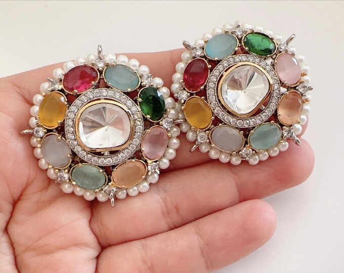 Multi Uncut Kundan Stud Diamond Earrings /Indian Studs/Indian Jewelry/Navratan Studs/Statement Stud Earring/Kundan Stud Earrings