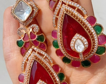 Pendientes de moissanita inspirados en Neel Sabyasachi/Joyería llamativa/Pendientes de moissanita de doble tono verde rubí/Pendientes de diamantes para novias