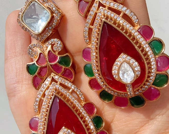 Sabyasachi-Inspired Moissanite Earrings/ Statement Jewelry/  Ruby green dual shade Moissanite Earrings/Bridal Diamond earrings