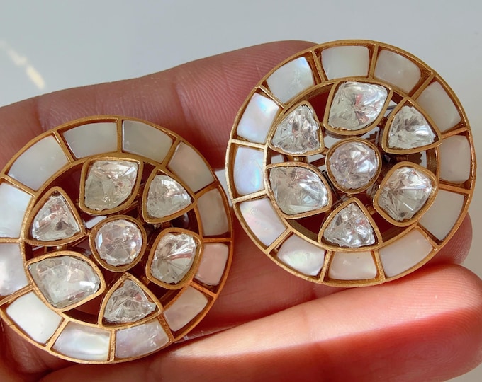 Mother of Pearl Talpe Cut Gemstone  Earrings/Moissanite  diamond Kundan Studs /Indian Jewelry /Statement Stud Earring/