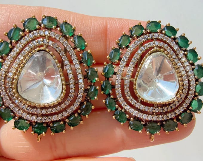 Green Moissanite precious Stone stud Earrings/Moissanite  diamond Kundan Studs /Indian Jewelry /Statement Stud Earring/