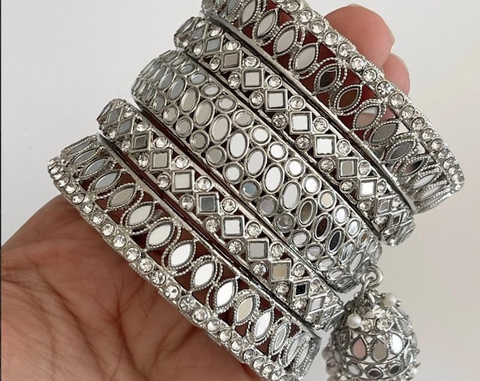 Punjabi Mirror chuda Silver bangles set/Punjabi Mirror jhumka bangles set/Kangans/Statement bangles/Indian jewelry/wedding jewelry/