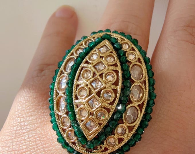 Kundan Polki Oversized green Ring/Adjustable Ring/ Indian Ring/ Indian Jewelry/Indian Wedding jewelry/bridal accessories