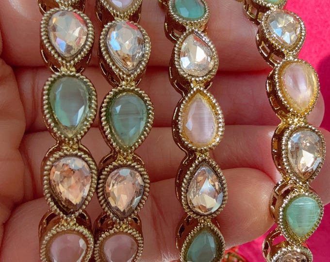 Antique finish Kundan polki Mint pink Bangles Set(4 Pc)/Indian bangles/Indian Jewelry/ Mint Kundan Bangles/ kundan bangles/Bridal bangles