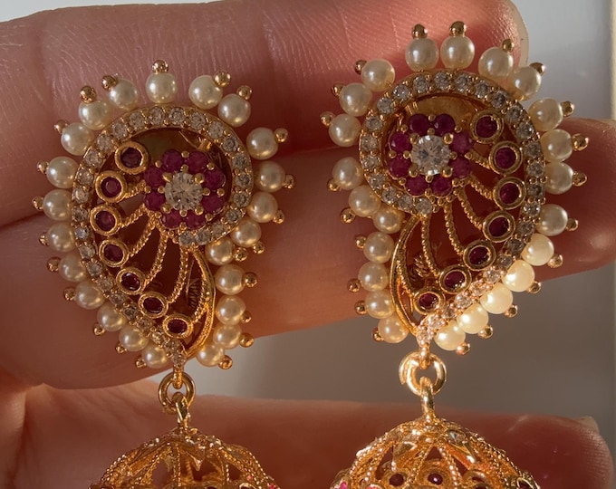 Kemp Gold plated  jhumka /gold plated Earrings  / Dangle Drop gold Jhumkas /Indian wedding/Kundan Jhumka/ Bridal wedding jhumka