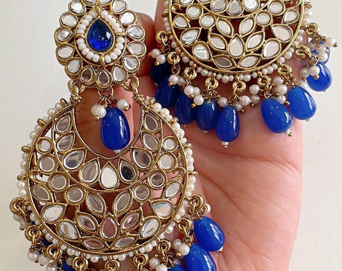 Blue Mirror chandbali earrings/Kundan Earrings /Statement earrings /Bridal earrings/Pearl drop earrings/Mirror Jhumka /Bridesmaid Earrings