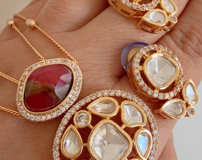 Premium Moissanite fire stone Red Pendant Set/Kundan Stone Double Layer Necklace/ Indian Bridal Jewelry/Moissanite Kundan Wedding Jewelry