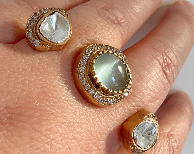 Mint Kundan Moissanite diamond Ring/Adjustable Ring/Double Finger Kundan Ring /Indian Wedding jewelry/Two Finger Kundan ring