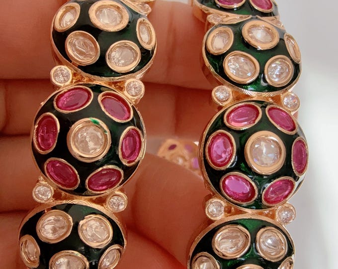 Moissanite Rajwadi Meenakari Kada next to real 1 gram gold / Openable Moissanite Ruby green kundan bridal kada /Indian Wedding jewelry/