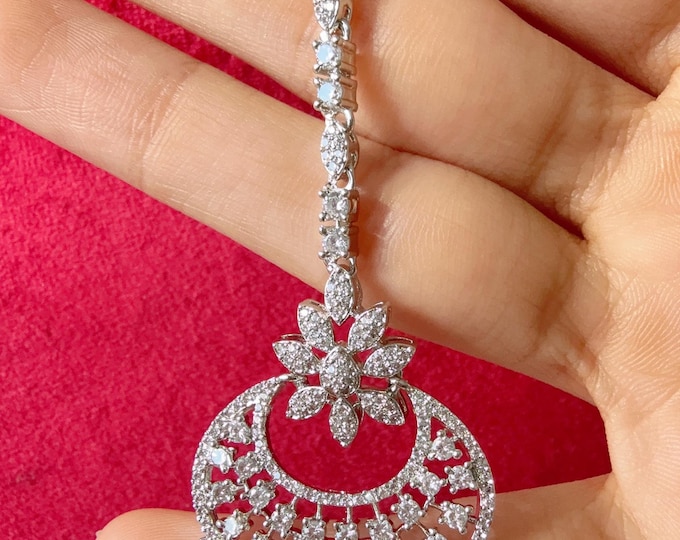 Diamond Rhodium silver  Maang tikka/ Indian Wedding Jewelry/ Matha patti/ Indian forehead jewelry Diamond Tikka Indian Jewelry