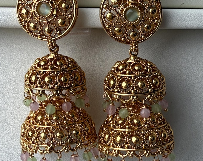 Kundan Polki Mint Pink color double Jhumka /Earrings Temple Jewelry /Wedding special Gold Jhumkas /Indian wedding/Kundan Jhumka